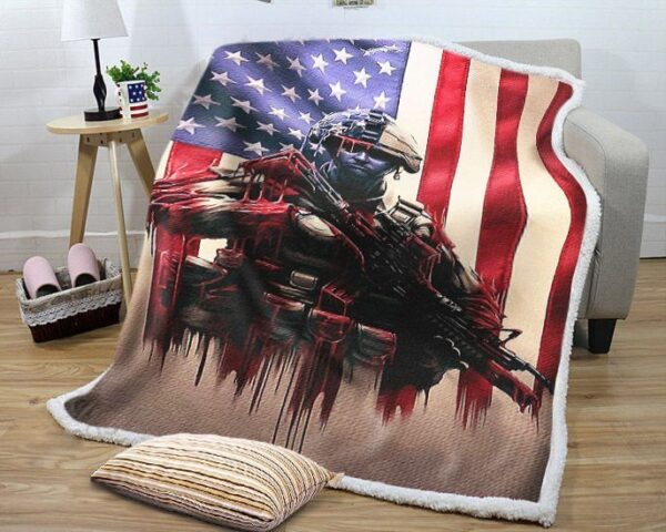 Soldier American Flag Fleece Blanket Sherpa Blanket