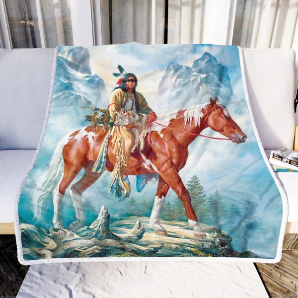 Native America Man And Horse Fleece Blanket Sherpa Blanket