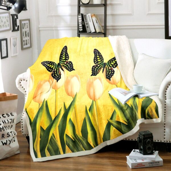 Flowers And Butterfly Fleece Blanket Sherpa Blanket