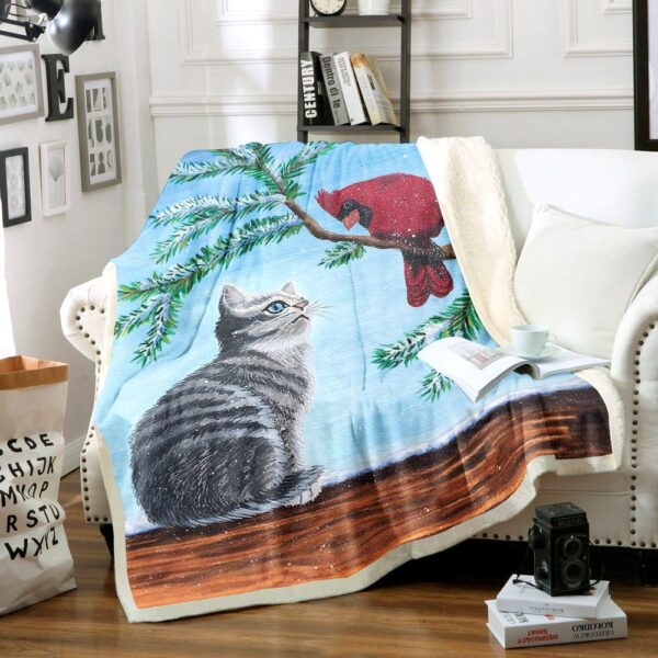 Cat And Cardinal Fleece Blanket Sherpa Blanket
