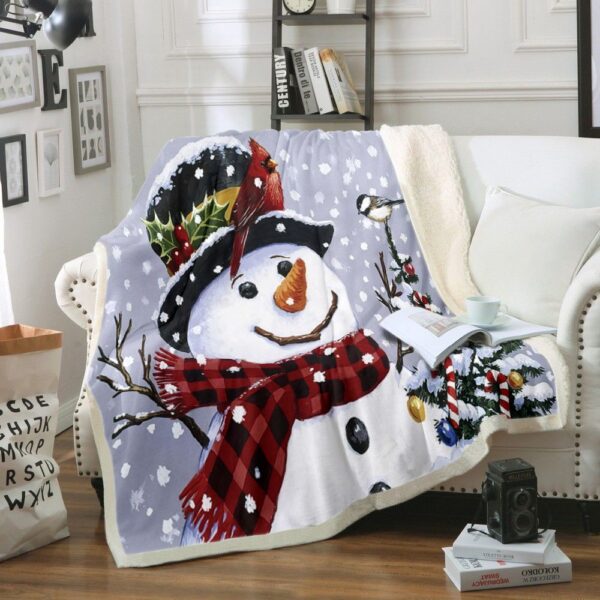 Snowman With Cardinal And Chickadee Fleece Blanket Sherpa Blanket