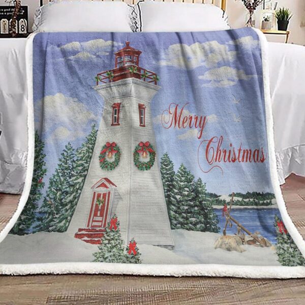 Merry Christmas Lighthouse Fleece Blanket Sherpa Blanket
