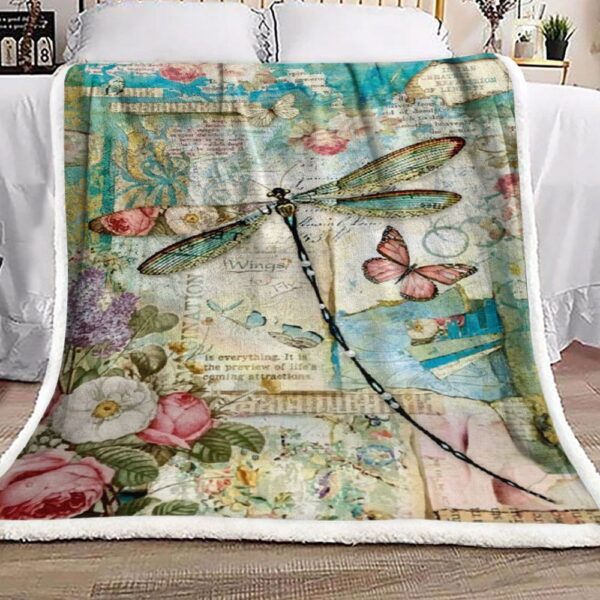 Dragonfly Butterfly Rose Fleece Blanket Sherpa Blanket