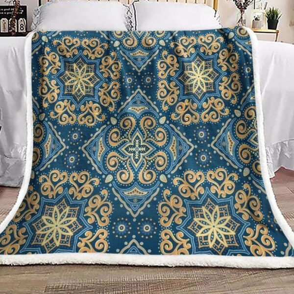 Blue And Gold Bohemian Mandala Fleece Blanket Sherpa Blanket